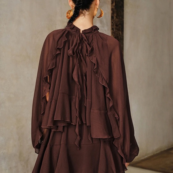 Commense Tiered Ruffle Chiffon Mini Dress Set w/Liner Dark Brown Size XS NWT $69 - Picture 5 of 6